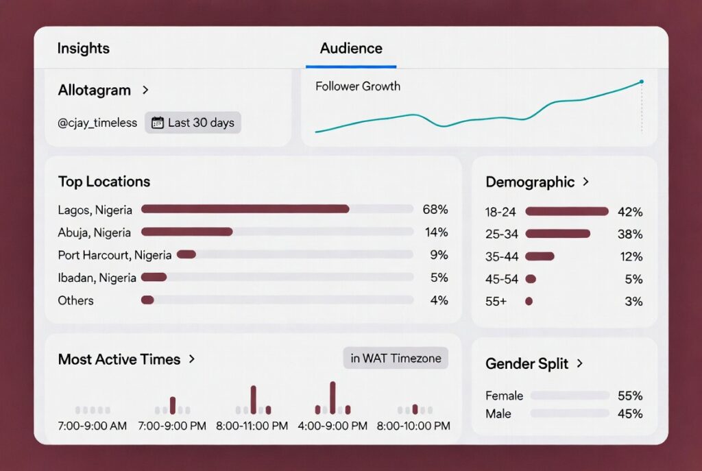 Instagram Insights showing Nigerian audience cities and engagement activity