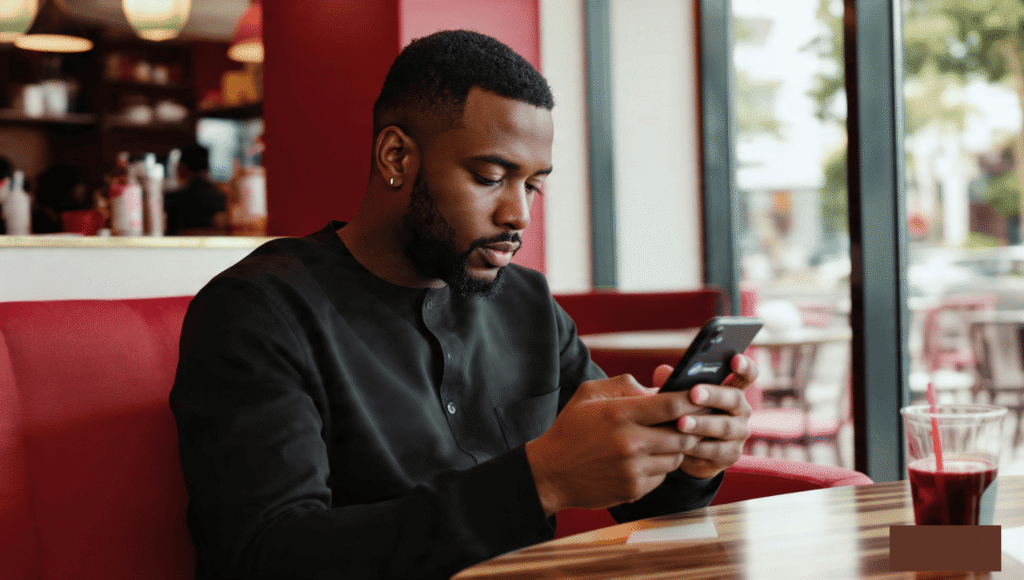 A young Nigerian man using her smartphone to announce your Instagram Live session early via a countdown sticker.