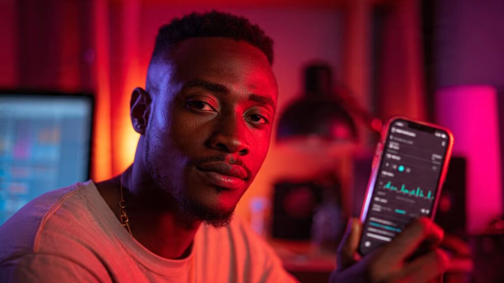A young Nigerian man in a modern Lagos office analyzing a smartphone to increase Instagram Story views in Nigeria.