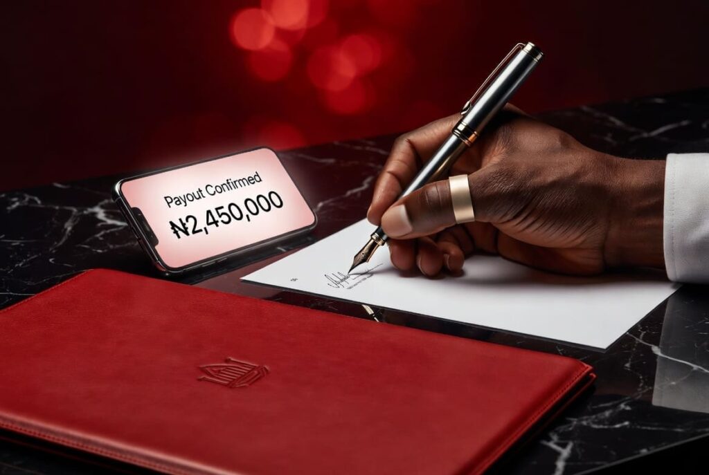 Nigerian influencer signing a brand contract next to a smartphone showing high view counts and revenue data.