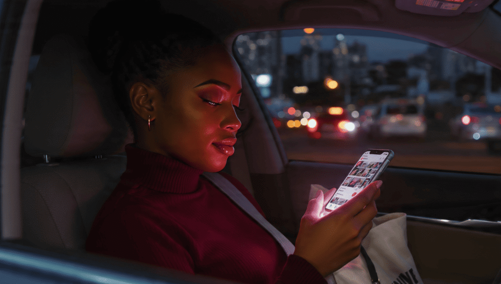 A Nigerian professional checking their phone during a Lagos commute to boost Instagram views in Naija.