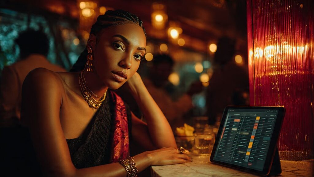 A Nigerian business owner scheduling posts on a tablet during the 7pm peak activity window in Abuja.