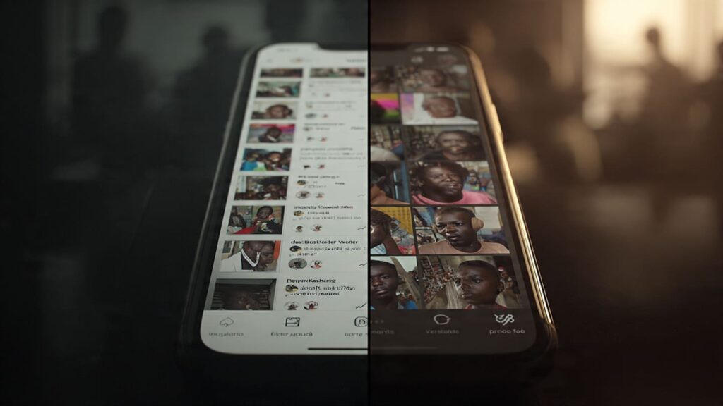 Two phones side-by-side: one with "fake" bot profiles and one with "real" Nigerian profiles