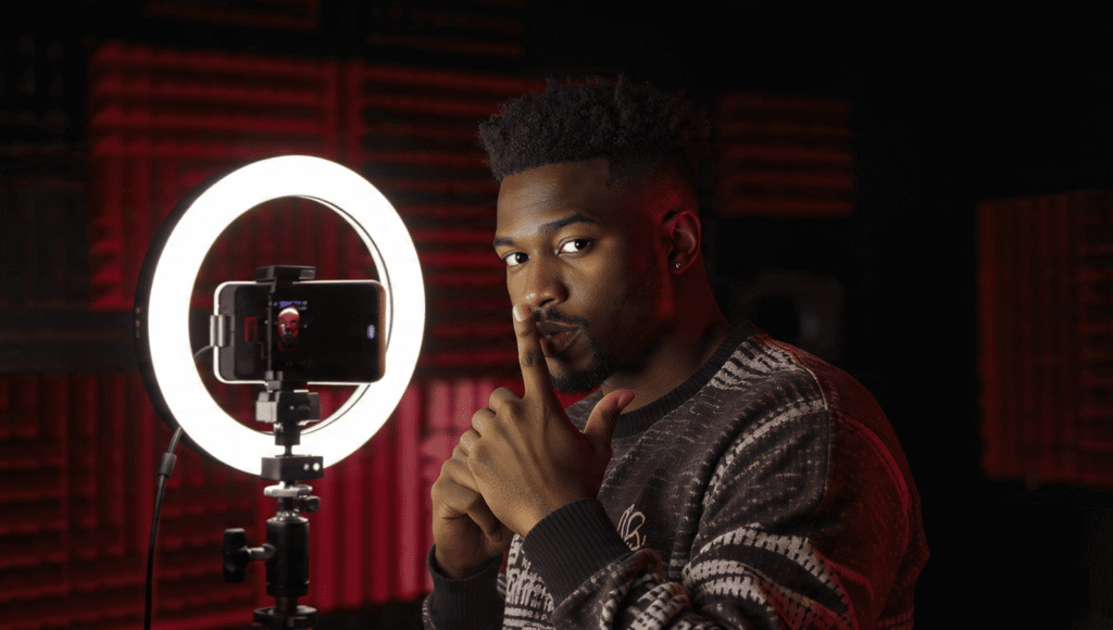 A young Nigerian man in a creative studio reacting with a "shocked" expression to a viral hook on a smartphone with red ambient lighting.