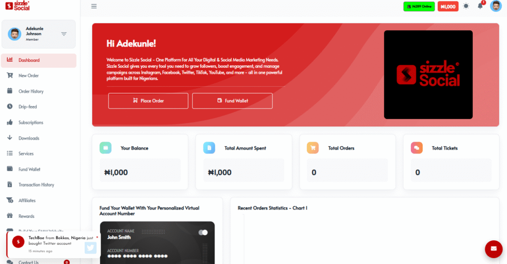 Sizzle Social SMM panel dashboard showing ₦1,000 wallet balance, total orders, and social media marketing menu options