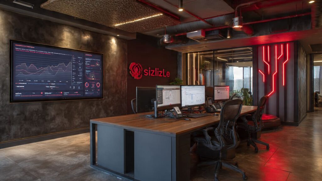 Modern Lagos office with Sizzle Social dashboard