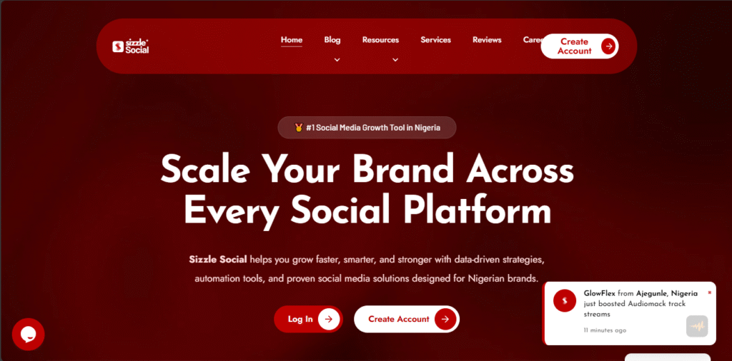 Sizzle Social homepage showing Scale Your Brand Across Every Social Platform headline with login and create account buttons for Nigerian users