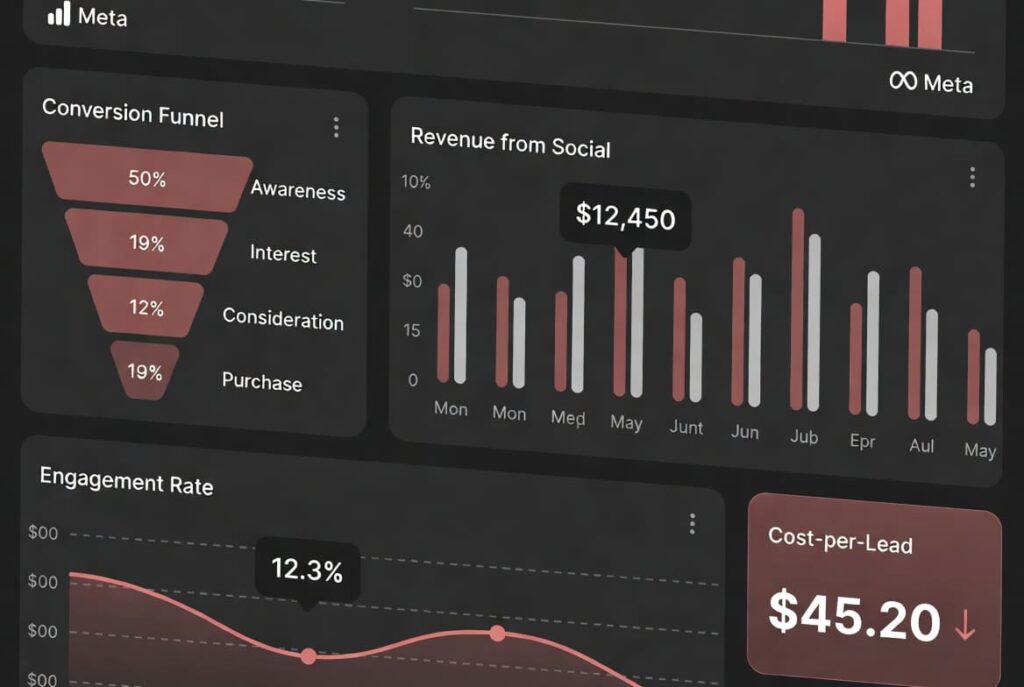 A detailed dark-mode analytics interface showing a conversion funnel, revenue bars, engagement rates.