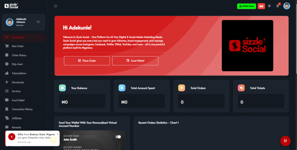 Sizzle Social dark mode dashboard displaying zero naira balance, total orders, tickets, and fund wallet virtual account section