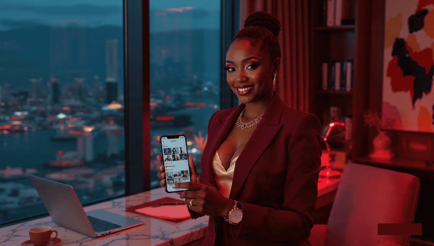 A successful Nigerian entrepreneur viewing viral Instagram Reels views in Nigeria on a smartphone.