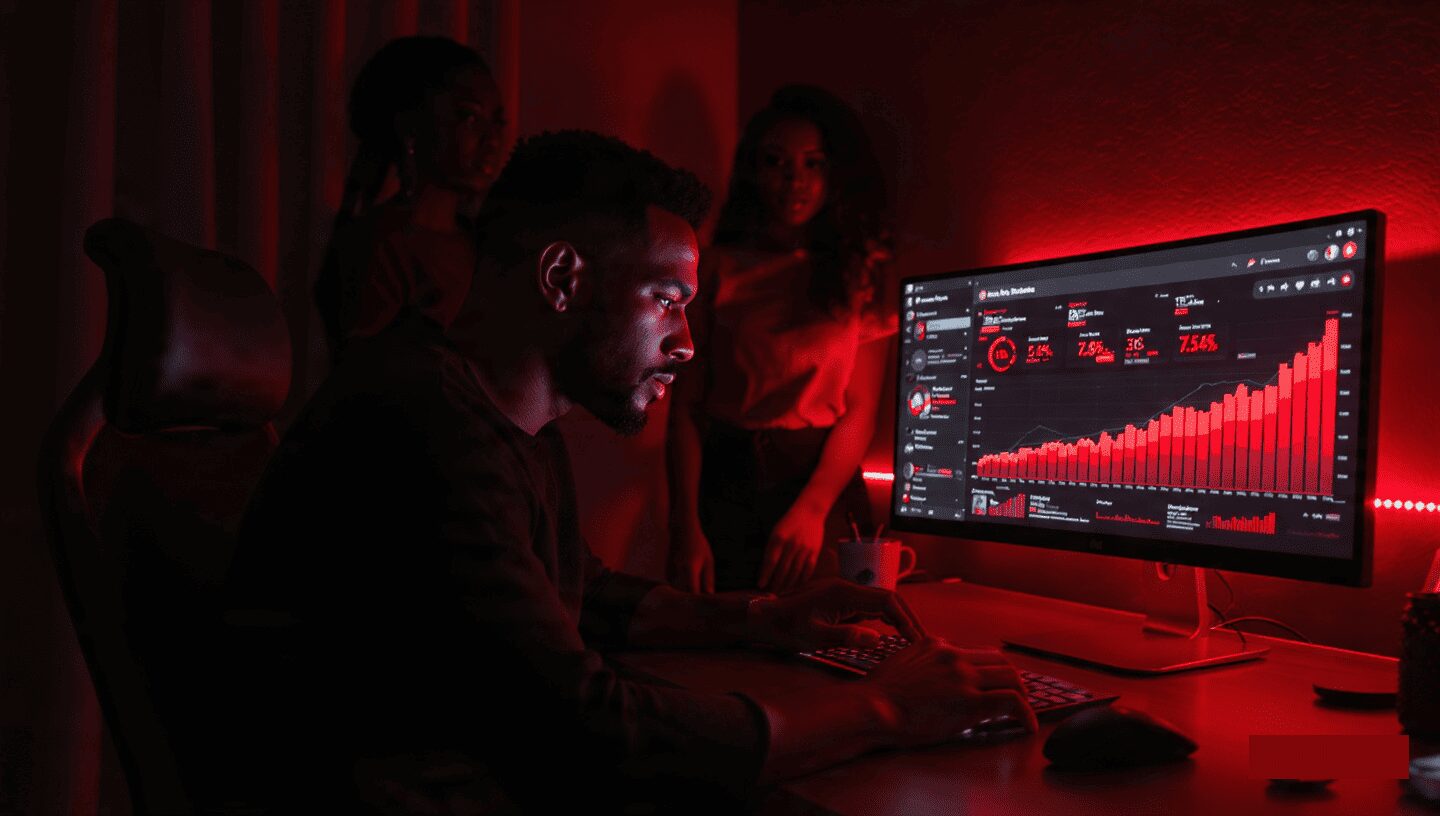A Nigerian creator analyzing data to increase reel likes shares and saves in Nigeria on a professional dashboard.