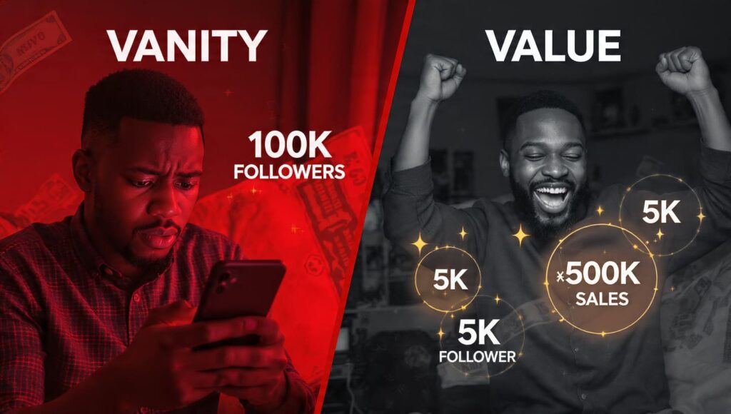 Comparison A split-screen graphic contrasting a frustrated man with 100k followers against a joyful man with 5k followers and high sales.