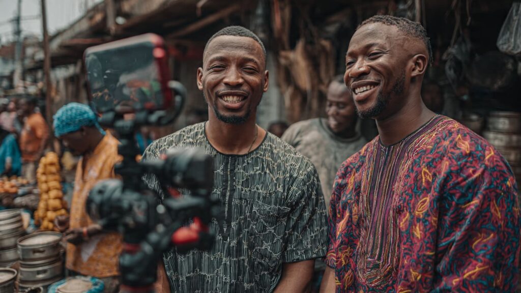 Two Nigerian friends filming a high-energy Reel in a vibrant Lagos market using a deep red tripod