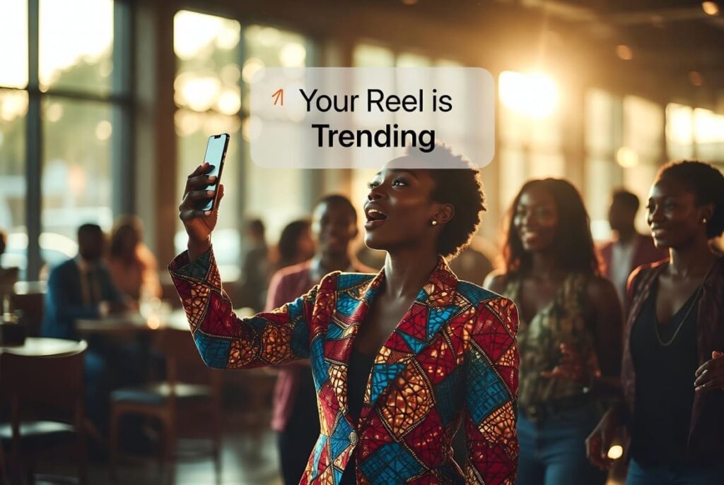 A Nigerian woman in a colorful dress holding a phone showing high engagement in a busy market