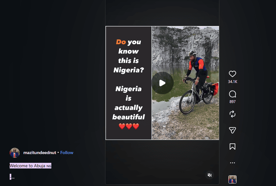 Social media post by mazitundeednut showing "Do you know this is Nigeria? Nigeria is actually beautiful" with a welcome message to Abuja.
