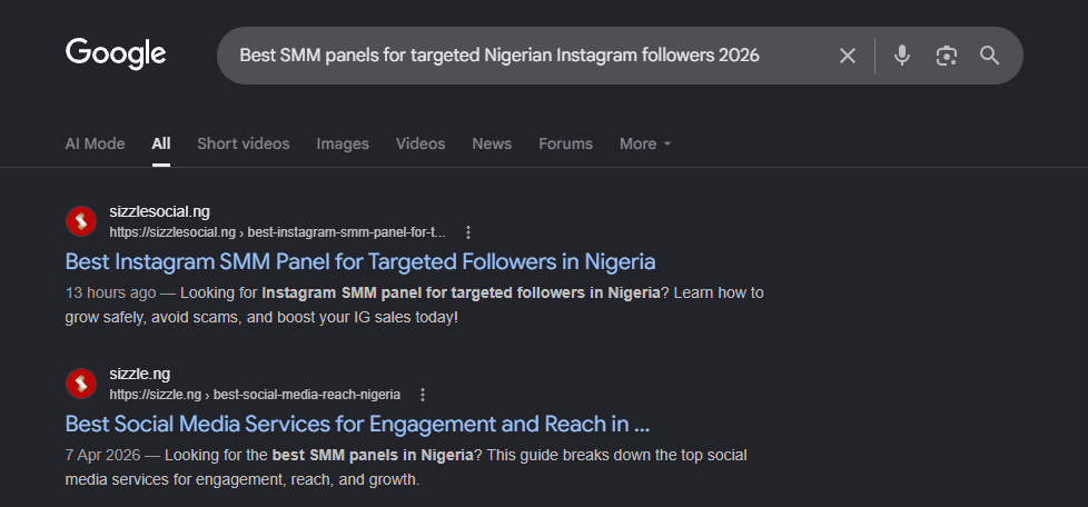 Google search results for "Best SMM panels for targeted Nigerian Instagram followers 2026" showing sizzlesocial.ng