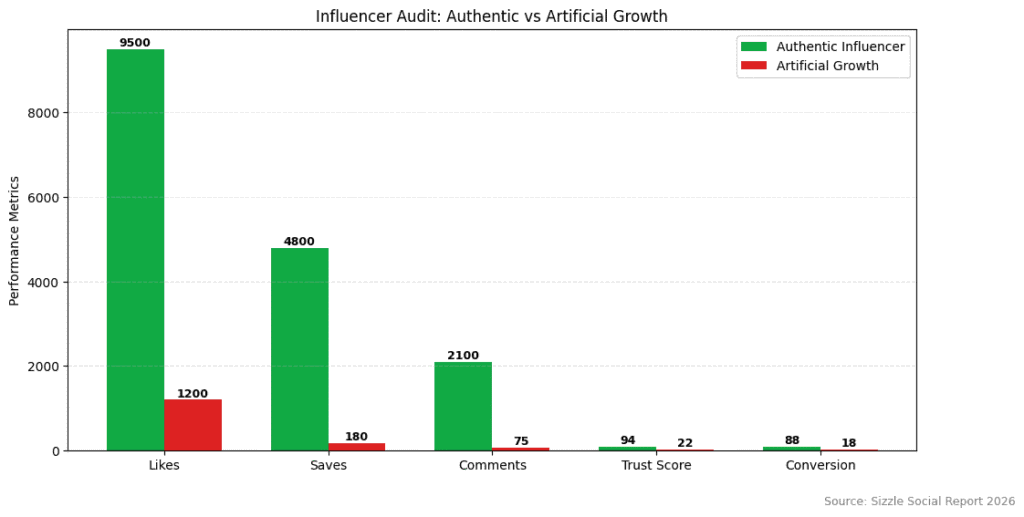 Data table showing performance metrics: Likes 9500, Saves 4800, Comments 2100, Trust Score 94, Conversion 88.