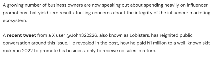 Screenshot of article text about Nigerian business owner paying ₦1 million to a skit maker influencer in 2022 with zero sales return