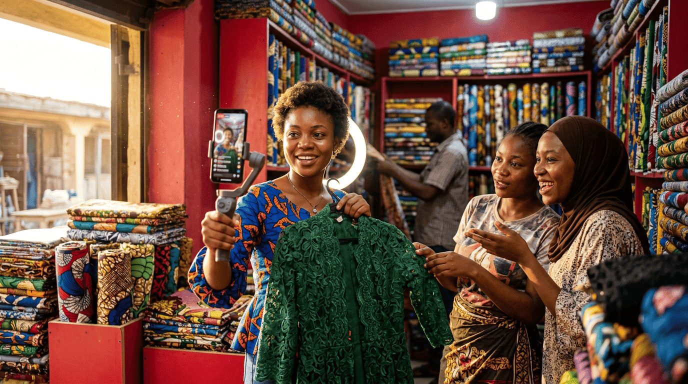 Young female merchant filming high-retention marketing clips inside a vibrant local boutique