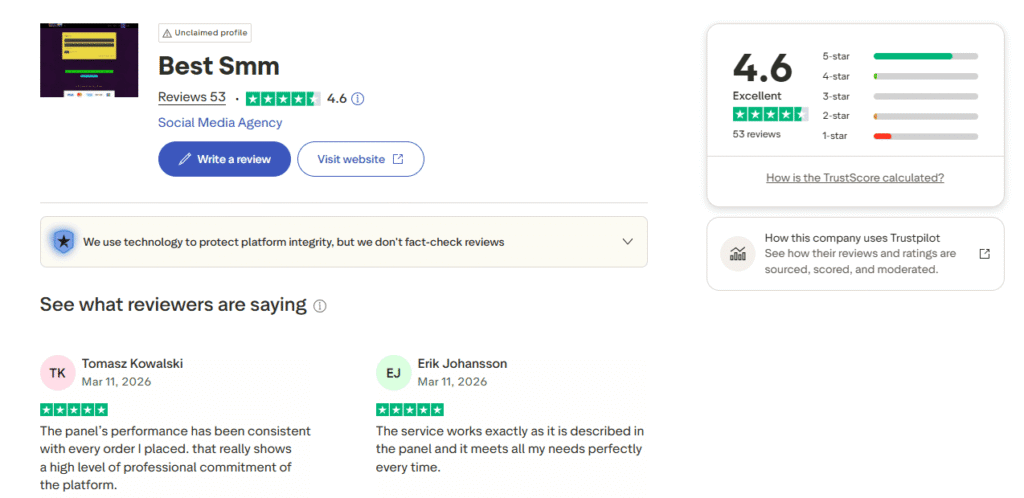 Trustpilot review section for "Best Smm" with 4.6 stars, 53 reviews, and testimonials from Tomasz Kowalski and Erik Johansson.