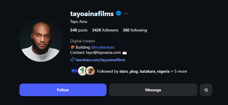 Tayo Aina Films verified Instagram profile showing 342K followers, 548 posts, and digital creator bio as a Nigerian content creator example