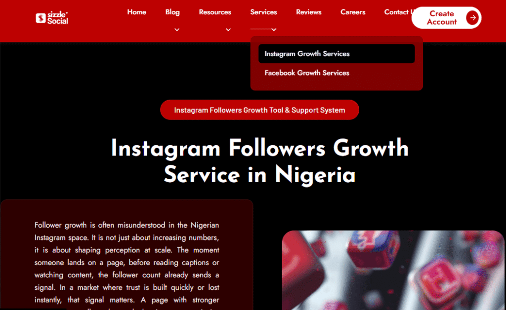 Landing page for Instagram Growth Services in Nigeria, explaining that follower count shapes perception and trust in the local market.