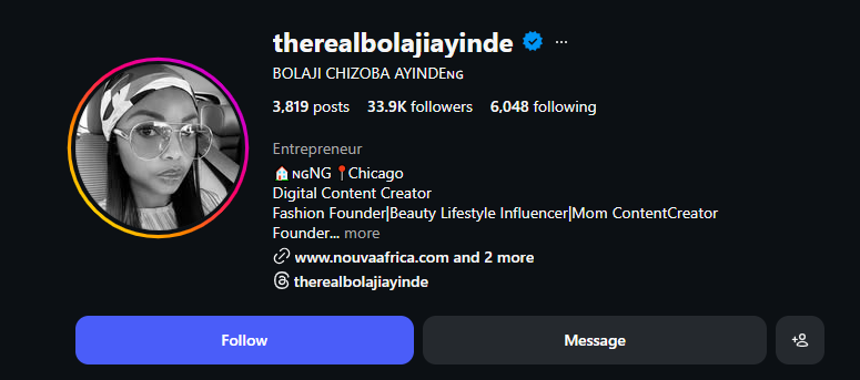 Therealbolajiayinde verified Instagram profile showing 33.9K followers, entrepreneur bio, fashion lifestyle influencer and digital content creator from Nigeria