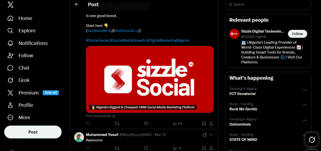 Social media post featuring Sizzle Social as "Nigeria's Biggest & Cheapest SMM Platform" with a reply "Awesome" and trending topics.