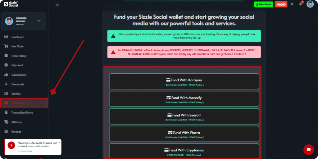 Sizzle Social wallet funding page offering up to 20% bonus with instant payment options: Korapay, Monnify, Seerbit, Fincra, and Cryptomus (USDT, BTC, LTC, ETH).