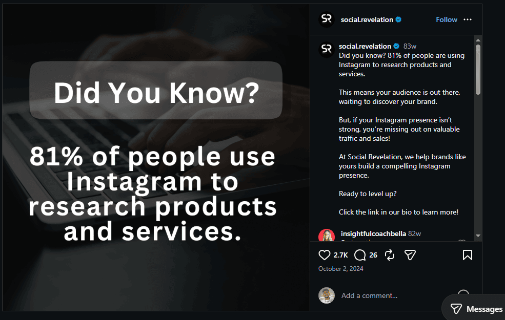 Statistic graphic stating "81% of people use Instagram to research products and services" with a call-to-action from social.revelation.
