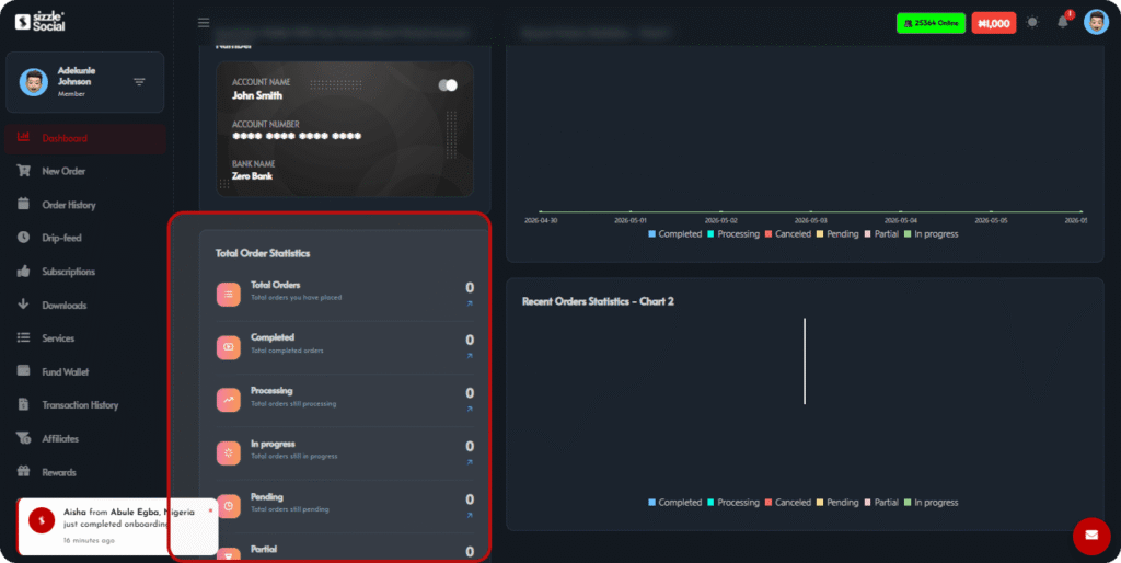 Member dashboard for Adhesive Johnson showing Total Order Statistics (Total Orders, Completed, Processing, Pending, Partial) and a chart for Recent Orders
