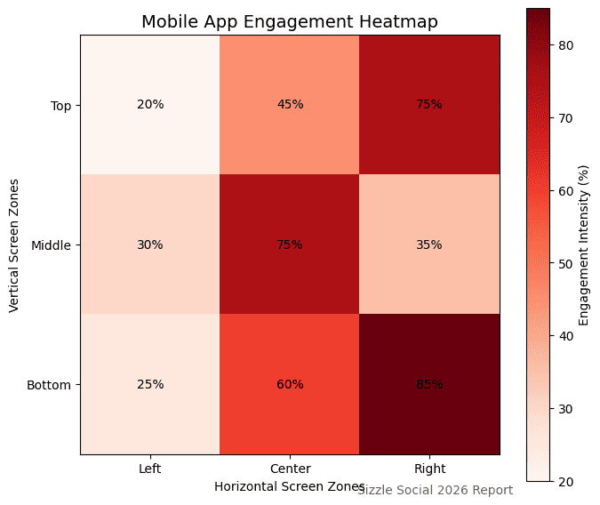 Heatmap table showing engagement by screen zone: top zone (20% top, 45% middle, 75% bottom), middle zone (30% top, 75% middle, 35% bottom), bottom zone (25% top, 60% middle, 85% bottom).