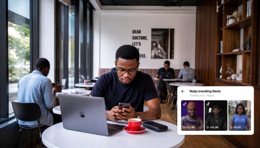 A university student in Abuja using a smartphone to research an affordable TikTok SMM panel for their business.