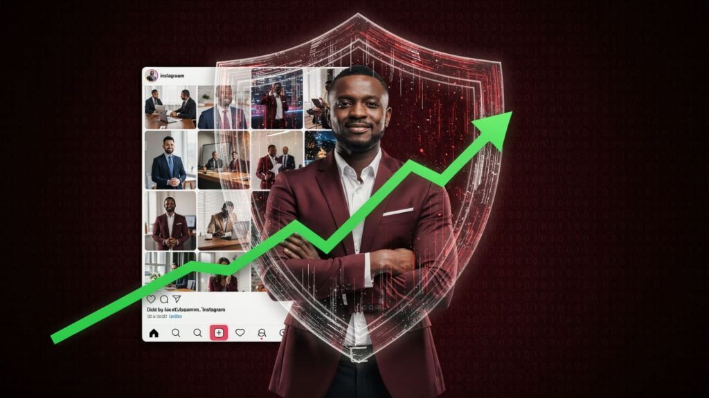 A digital padlock icon glowing over a blurred Instagram profile grid with steady growth lines