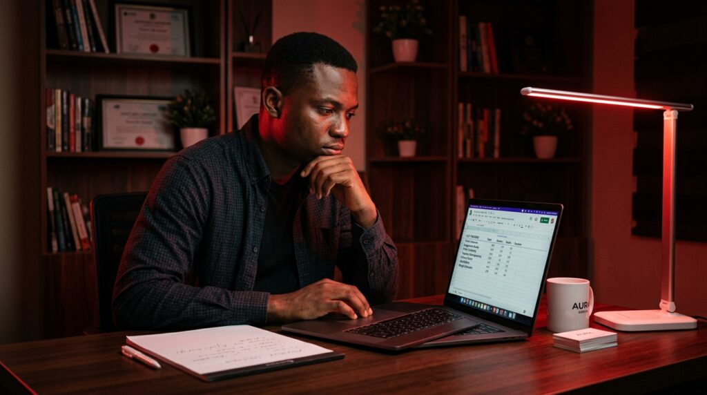 Nigerian professional reviewing digital growth charts on a laptop in a workspace with strong crimson red ambient light.