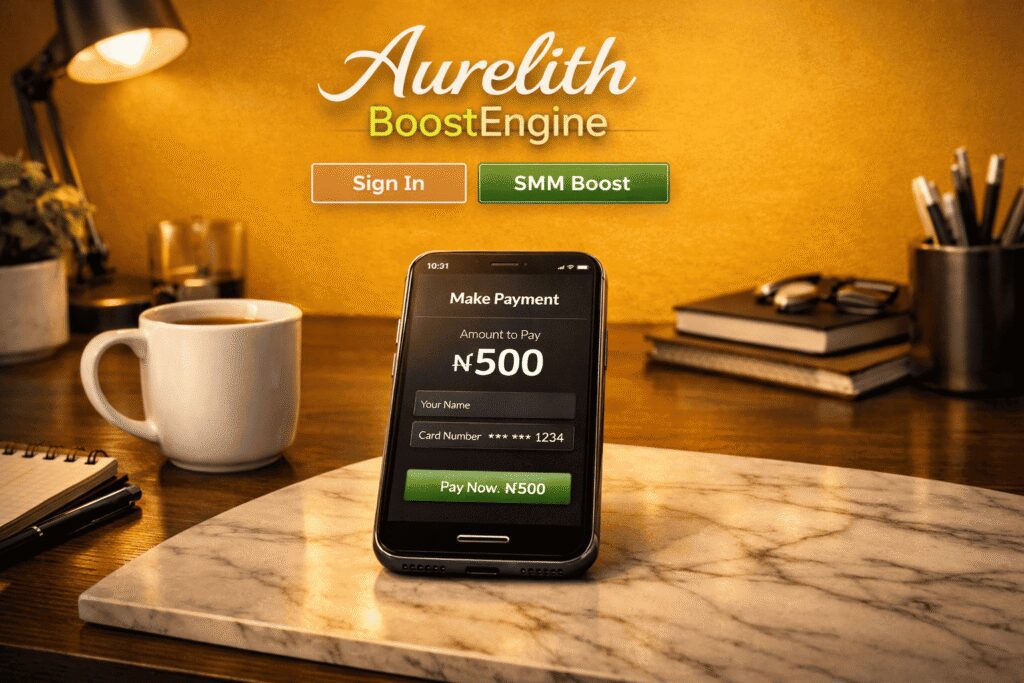 Aurelith BoostEngine payment screen showing “Make Payment – Amount to Pay N500” with card number field ending in 1234 and “Pay Now.N500” button.