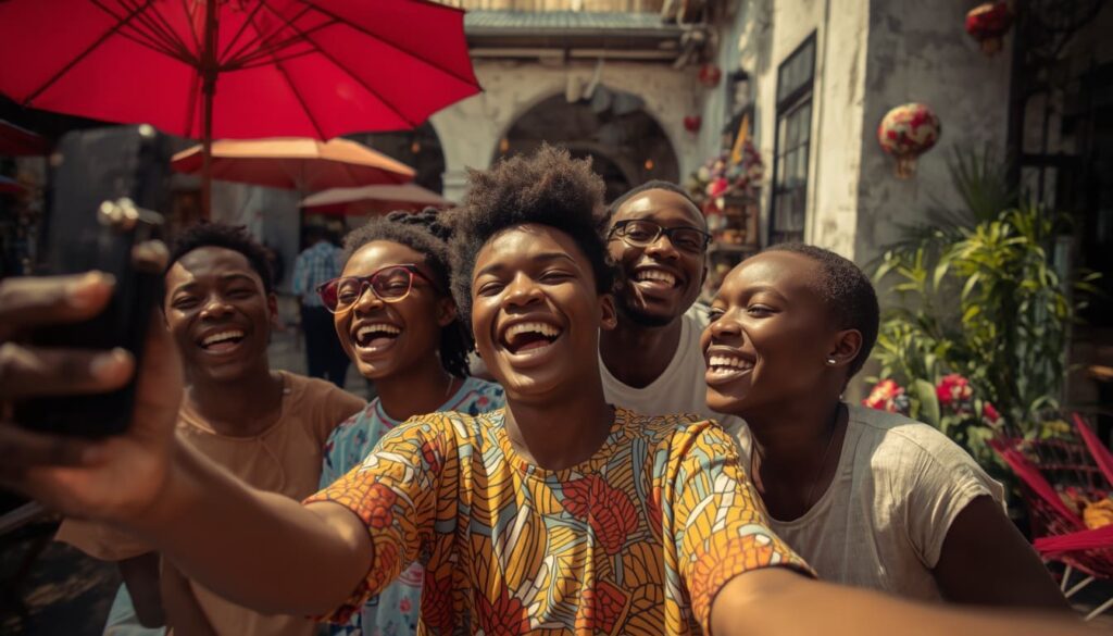 A vibrant group of Nigerian friends filming a TikTok video in a busy Lagos market with crimson red elements.