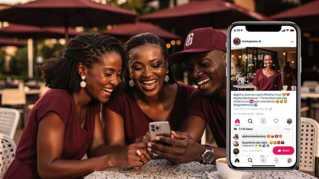 Real Nigerian users interacting with a phone screen, showing likes, comments, and shares on a local brand's post