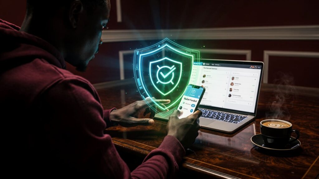 A secure digital shield overlaying a smartphone screen displaying an SMM panel dashboard with Naira symbols.