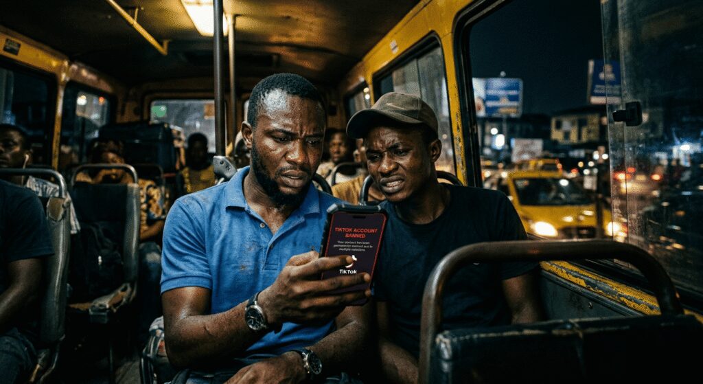 A frustrated Nigerian business owner looking at a smartphone displaying a red banned account warning in dark office.