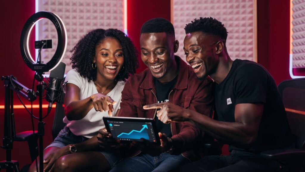 A diverse group of young Nigerian creators collaborating and looking at a tablet screen together.