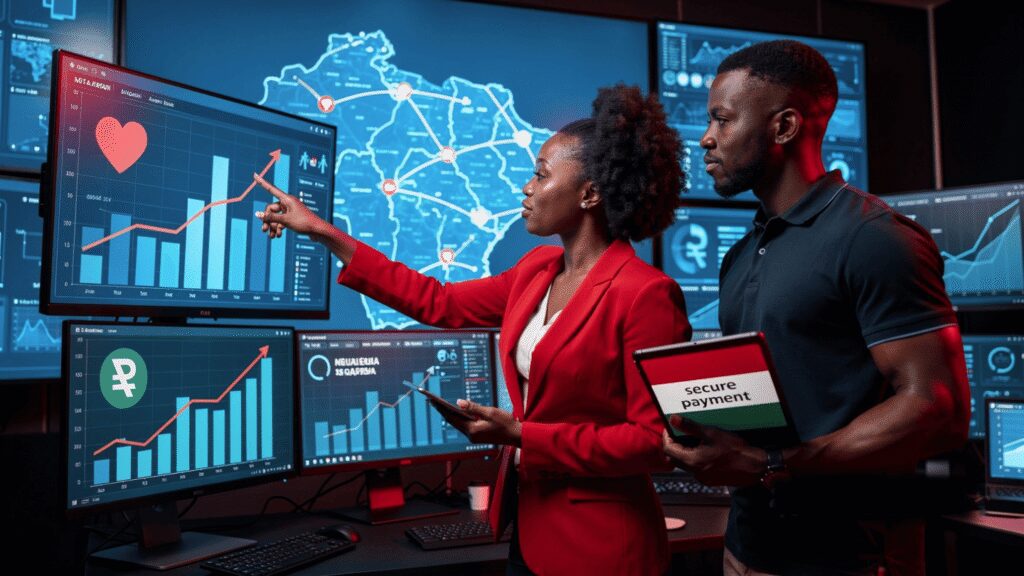 A high-tech digital dashboard showing analytics for Nigerian social media engagement and secure local payment gateway logos.
