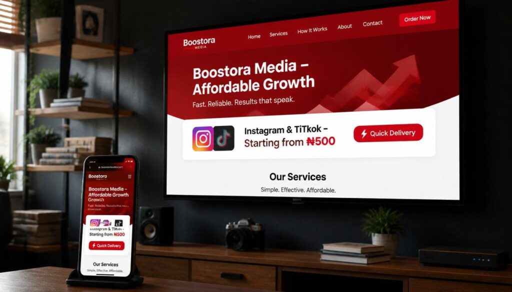Laptop screen showing Boostora Media homepage with affordable pricing, Instagram and TikTok options, and quick delivery badge.