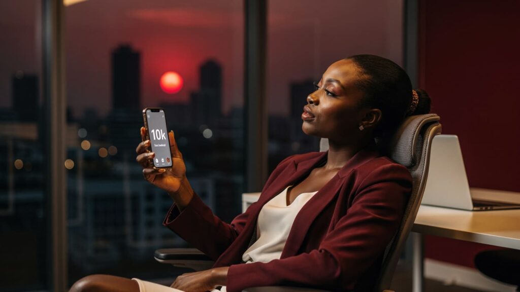 A successful Nigerian female entrepreneur checking her growing Instagram follower count in a Lagos office.
