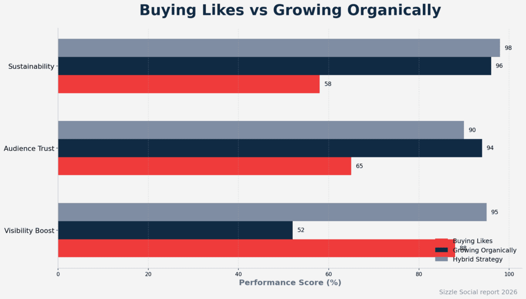 Comparison table: Buying Likes (Sustainability 58%, Audience Trust 65%, Visibility Boost 52%) vs Growing Organically (98%,94%,95%) vs Hybrid Strategy (98%,90%,95%).