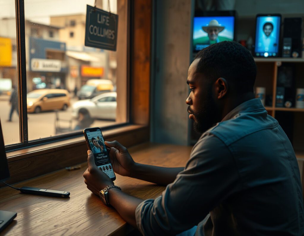 A frustrated entrepreneur looking at a phone with zero notifications