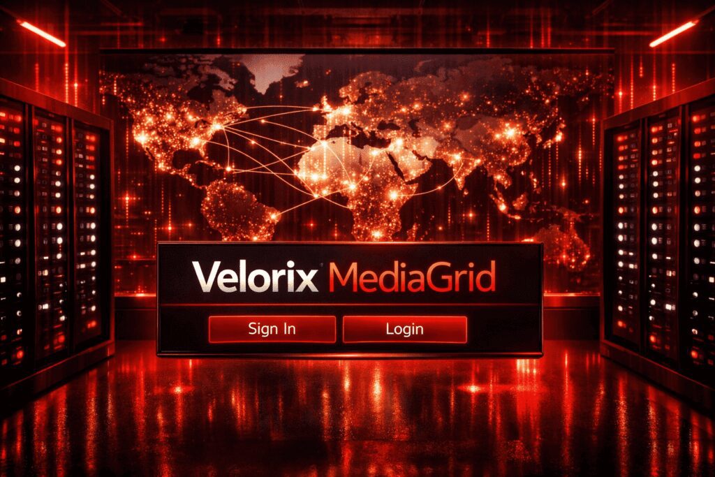 Velorix MediaGrid login page with “Sign In” and “Login” buttons, minimal design, no additional details.