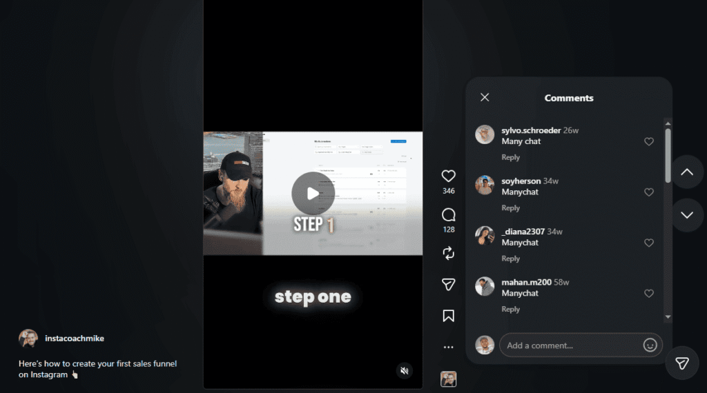 Instagram comment section tutorial with users repeatedly replying "Manychat" and a header reading "Here's how to create your first sales funnel on Instagram step one