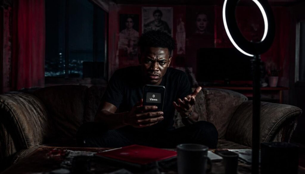 Nigerian creator struggling with TikTok growth and content ideas in a dim Lagos room setting.