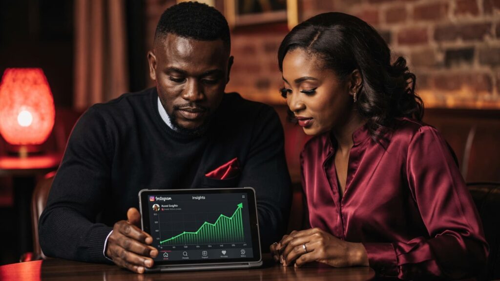 A group of Nigerian professionals studying Instagram algorithm trends for the Nigeria 2026 market on a tablet